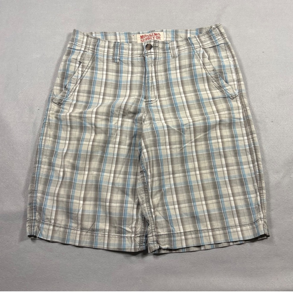 Mossimo Supply Co Mens Baggy Plaid Shorts Size 32 Grey Blue White Cotton Casual